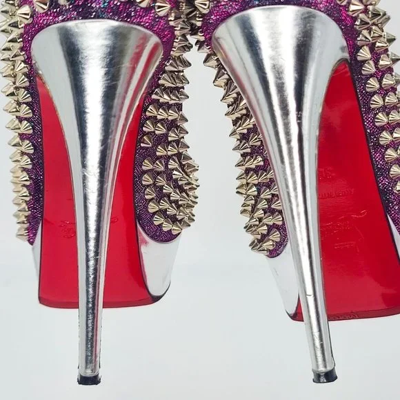 CHRISTIAN LOUBOUTIN Pumps Lady Peep Spike 150 Heels 36 Turquoise Violet Silver - Picture 9 of 10